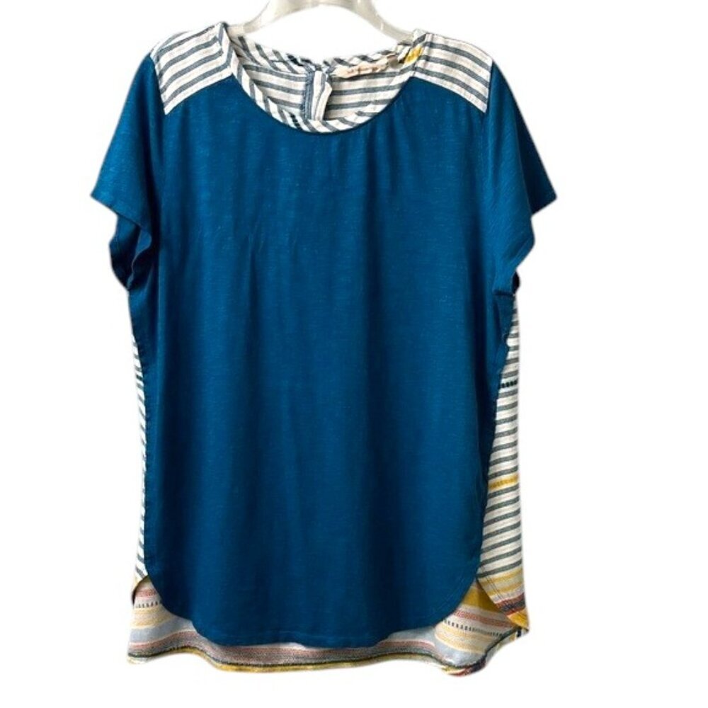 Soft Surroundings 1x Top Tee Shirt Teal Colorblock Multicolor Aztec Back Zipper